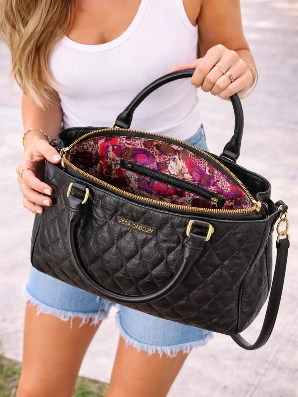 Vera Bradley Black Quilted Satchel with Floral Lining - Picture 1 of 11